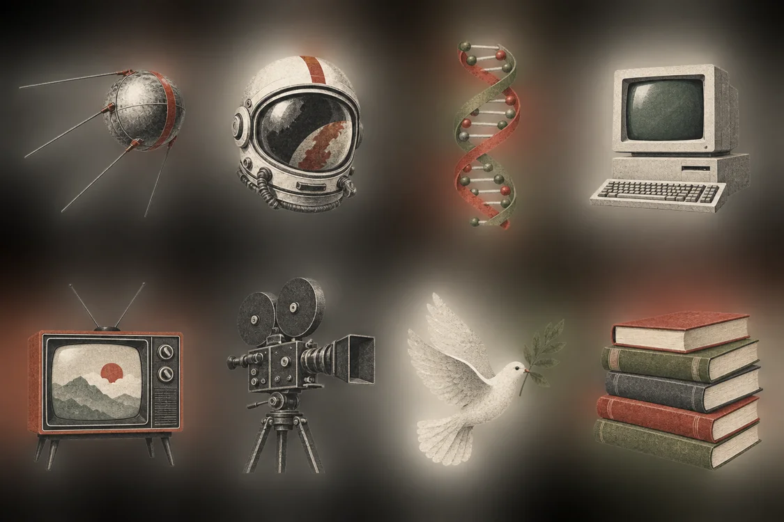 Theme illustration for the Same Years, Different Worlds timeline - an illustrative cover, not a historical photograph.